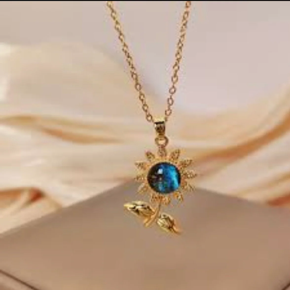 Blue Sunflower Gold Pendant Necklace